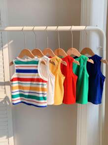 SHEIN 6pcs/Set Baby Boys' Casual, Versatile Knitted Colorful Striped & Solid Tank Tops, Summer All-Match Essentials