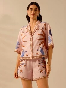 CAJUNI 女士波西米亚风恶魔之眼、太阳、星星、小鸟印花、节日休闲夏季宽松粉色衬衫 - 彩色 - 查看 6