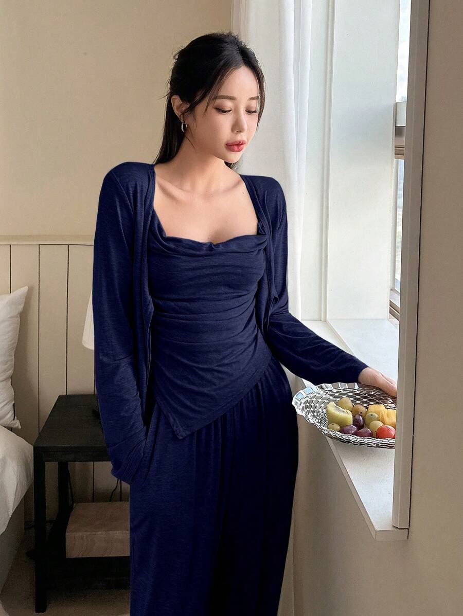 DAZY 女士纯色圆领吊带背心上衣、裤子和睡袍三件套睡衣套装,春季家居服,秋季服装,舒适保暖,冬季 - 藍色 - View 1