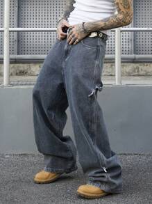 Manfinity EMRG Men's Blue-Gray Washed Denim Baggy Street Utility Pants, StreetEZ - Dusty Blue - View 3