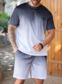 ResortEase Plus Size Men Gradient Palm Tree Print Short Sleeve T-Shirt And Shorts Set