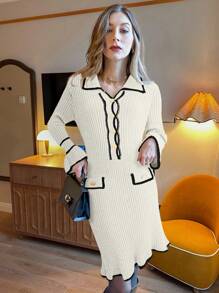 SHEIN Unity Vestido de punto con bloque de color y ribete elegante para mujer - Beis - Ver 4