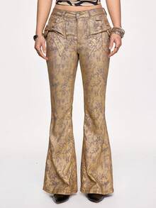 ROMWE J-Fashion Shibuya Girl Butterfly Pocket Metallic Coated Low Waist Skinny Flare Pants For Women - Gold - View 5