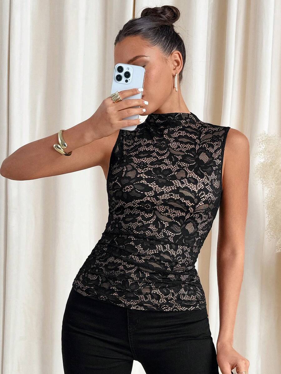 SHEIN Clasi Áo ba lỗ thời trang bó sát cổ ren cho nữ mùa xuân - màu đen - Xem 1