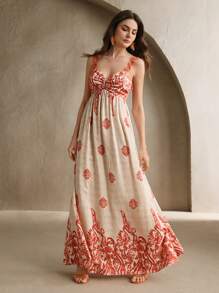 Anewsta Peylow Orange Contrast Print Dress, Sexy Bohemian Beach Dress For Women, Spring/Summer Outfits - Burnt Orange - View 5