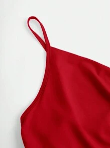 SHEIN Girlism 少女聚会紧身鱼尾下摆纯色休闲优雅吊带红色中长连衣裙，情人节装 - 紅色 - 查看 4