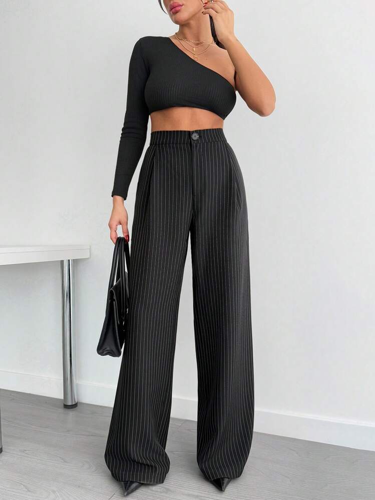 EURMUSE Plus Size Fashionable Striped Suit Pants For Work - Black - View 3