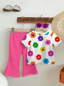 SHEIN Leap Crew 2pcs Cute Floral Graphic Top And Flare Pants Set, Casual Cartoon Pattern Round Neck Short Sleeve T-Shirt For Young Girls, Suitable For Summer - Multicolor - View 2