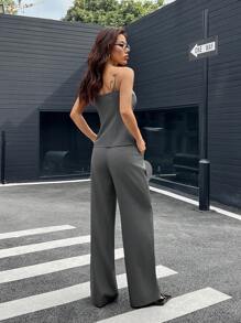 SHEIN EZwear 2pcs Women Solid Color Single Breasted Camisole Top And Pants Set