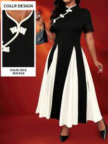 Celure Plus Size Qipao Style Mock Neck Slit Hem Short Sleeve Button Down Flare Dress, For Valentine's Day, Chinese New Year, Holidays