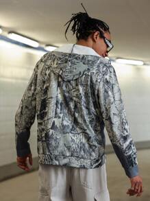 PAVTROS Manfinity Streetrush Men's Letter Print Zip Front Hooded Sweatshirt With Drawstring - Grey - View 2