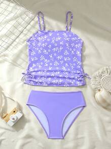 SHEIN Tween Girl Ditsy Floral Ruffle 吊带比基尼泳装，随机印花