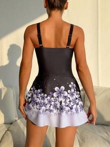 夏季女士渐变色花卉印花蕾丝边系带泳衣连体泳衣，适合海滩度假 - 彩色 - 查看 2