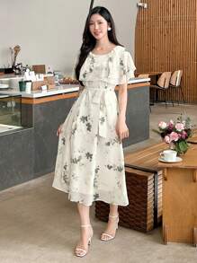 DAZY 女士纯色荷叶边腰部中长连衣裙花卉太阳裙 - 綠色 - 查看 1