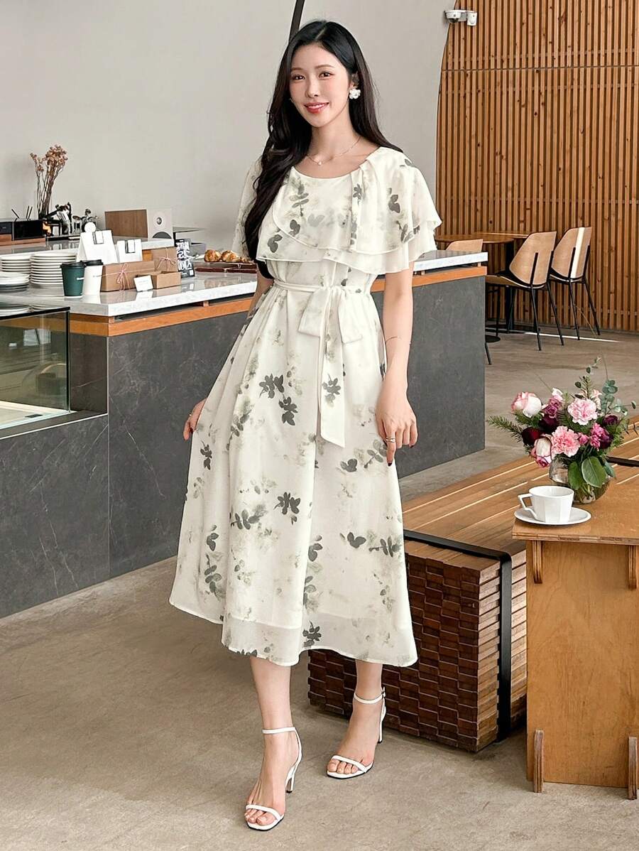 DAZY 女士纯色荷叶边腰部中长连衣裙花卉太阳裙 - 綠色 - 查看 1