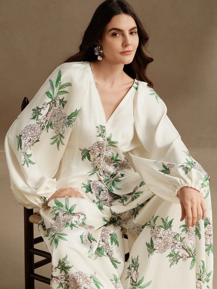 Anewsta 优雅花卉印花 V 领衬衫和裤子 2 件套服装，缎面面料，适合春夏季节日、度假 - 白色 - 查看 1