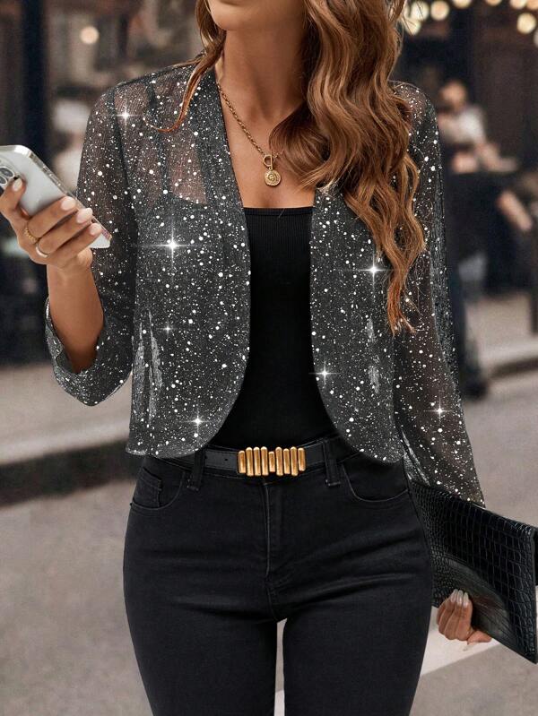 SHEIN Clasi Giacca corta nera lucida donna con chiusura lampo frontale e grafica