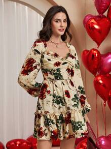 Chiquease Women Square Neck Short Dress, Elegant Style - Apricot - View 3