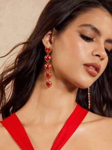 SHEIN BAE Aretes con forma de corazón rojo, flecos y rhinestones de estilo lujoso y de moda