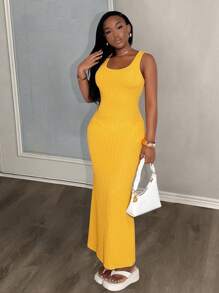 Slaydiva New Spring And Summer Casual Basic Everyday Versatile U-Neck Vest-Style Fishtail Skirt Slim Long Skirt Yellow Knitted Women's Long Dress-G - Yellow - View 5