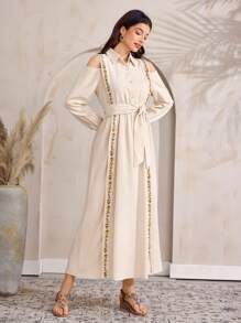 Al Najma Women's Floral Print Off The Shoulder Long Sleeve Elegant Dress - Apricot - View 6