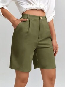 SHEIN Clasi 女士纯色简约时尚休闲短裤 - 軍綠色 - 查看 5