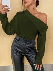 SHEIN Privé Camisa casual de manga larga con hombros oblicuos de unicolor, para uso diario