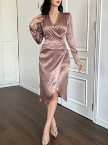 xheDAZY Vestido de manga abullonada con cuello en V, plisado y abertura lateral de unicolor de longitud media para mujeres, vestidos formales para mujeres, vestido largo de manga larga para otoñoxhe - Rosa - Ver 8