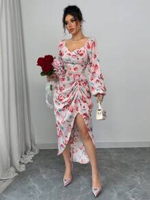 Elenzga Women's Elegant Romantic Floral Lantern Sleeve Cinched Waist Blouson Dress, Suitable For Valentine's Day Fall Cloth For Women