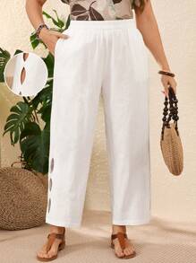 EMERY ROSE Plus Size Vacation Casual Solid Color Hollow Out Pants,Summer Outfits For Women,Vacation Outfits Woman