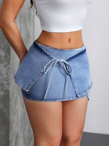 SHEIN EZwear Women Casual Denim A-Line Skirt, Simple Fashion Daily Wear - Blue - View 3