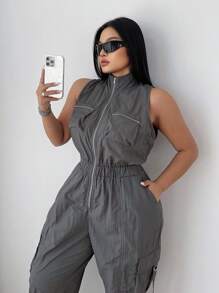 POPSWAY Plus Size Fashionable Sleeveless Grey Jumpsuit