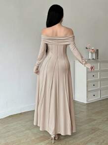 Modelyn 女士优雅露肩针织紧身连衣裙，荷叶边下摆，韩式风格 - 米色 - 查看 2