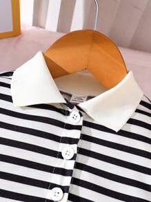 SHEIN Baby Girl Spring&Summer Preppy Short Sleeves ,Half Open Collar ,Interlocking Dress - Apricot - View 3