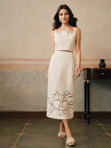 Anewsta Elegant Urban 2 Pieces Set: High-End Burn-Cut Hollow Embroidery Spaghetti Strap Bustier Top & Long Skirt