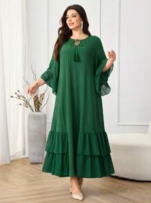 Lacomfia Plus-size dames effen kleur kwastje strik hals uitlopende mouwen Arabische stijl jurk, bescheiden
