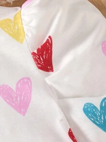 女孩彩色心形印花圆领泡泡袖超大可爱 T 恤，适合情人节