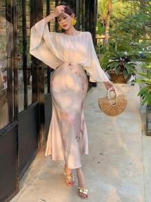 DAZY Robe mi-longue en satin à imprimé floral patchwork avec taille froncée, convient pour un rendez-vous, robe d'automne à manches longues, robe de Pâques - Beige - Voir 2