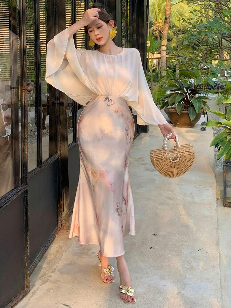 Women's Satin Patchwork Floral Print Midi Dress With Ruched Waist, Suitable For Date Night,Fall Dress Long Sleeve Dress Easter
