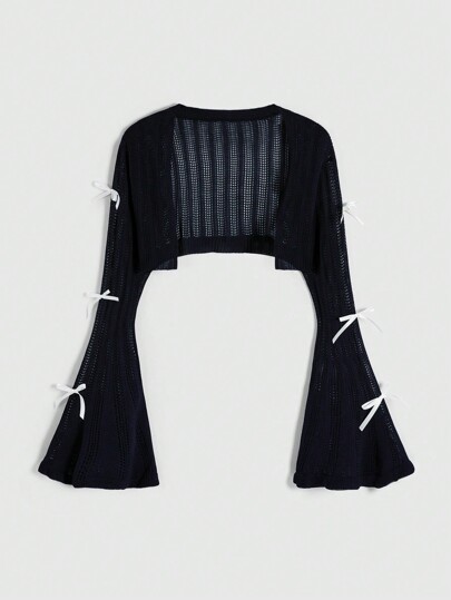 Kawaii Bow Decor Flared Sleeve Knit Cardigan For Women,Summer , Summer Outfits ,Summer Clothes, Spring/ Spring Outfits For Women