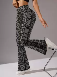 SHEIN Sports Leopard Print Patchwork Flocked & Mesh Flare Leg Yoga Pants - Grey - View 4