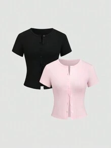 Sweetra 2pcs American-Style Raglan Short Sleeve Retro Fitted Crop Top Knit T-Shirt - Multicolor - View 1