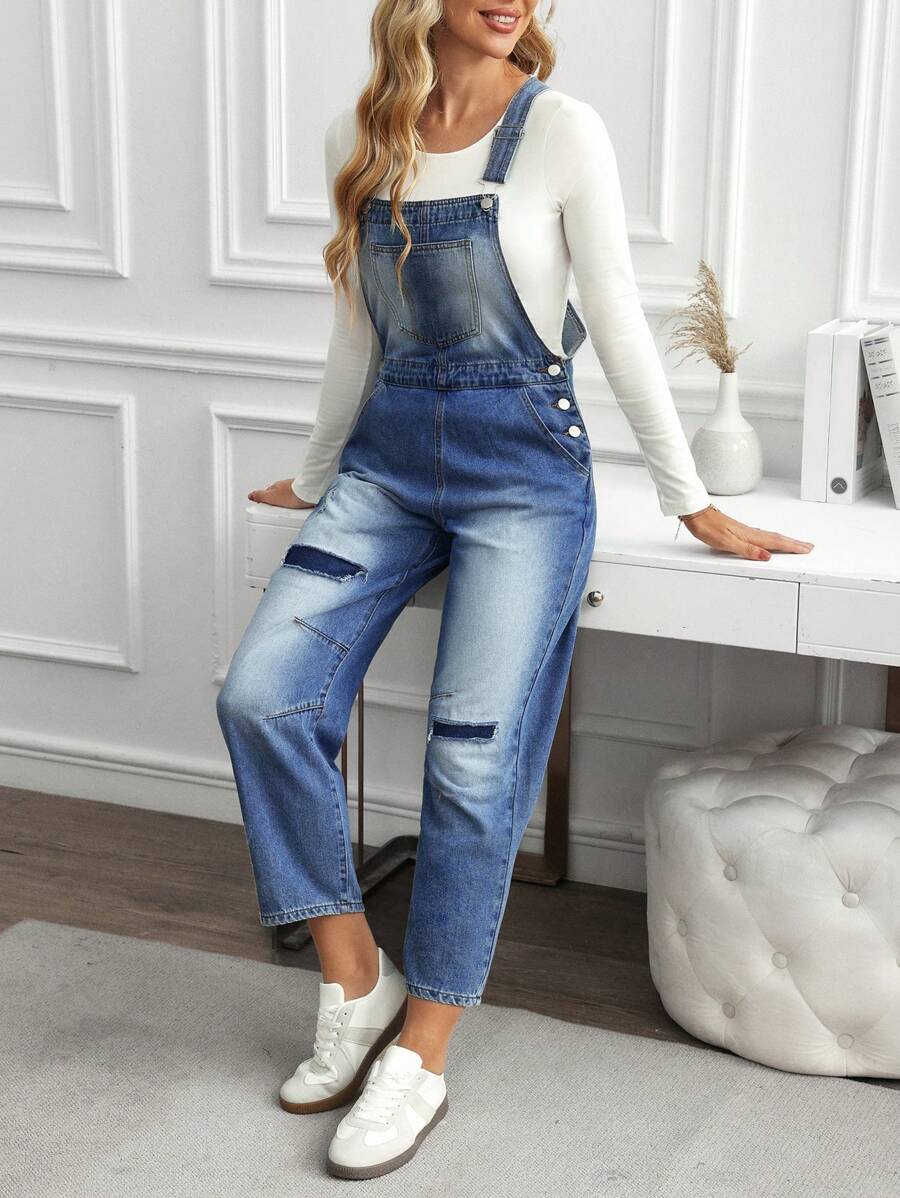 SHEIN LUNE Women's Pocket Ripped Straight Leg Casual Versatile Denim Jumpsuit - Blue - View 1