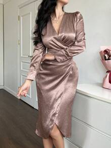 xheDAZY Vestido de manga abullonada con cuello en V, plisado y abertura lateral de unicolor de longitud media para mujeres, vestidos formales para mujeres, vestido largo de manga larga para otoñoxhe - Rosa - Ver 4