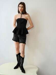 MOTF STUDIO SOLID PEPLUM TUBE TOP,VALENTINE'S DAY,SPRING/SUMMER - Black - View 5