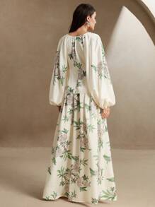 Anewsta 优雅花卉印花 V 领衬衫和裤子 2 件套服装，缎面面料，适合春夏季节日、度假 - 白色 - 查看 5