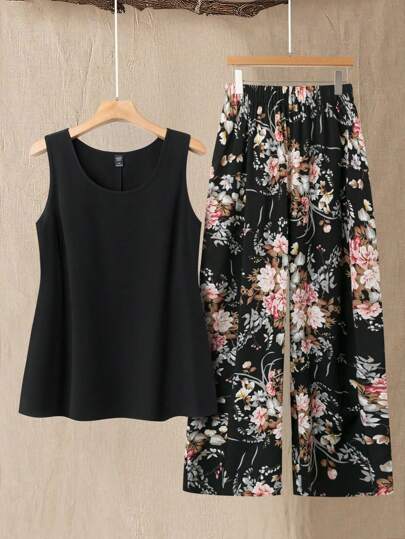 Linhara 2pcs Set: Elegant Commuter Vintage Comfortable Casual Women's Fashion Versatile Hot Selling Floral Fabric Camisole Top & Elastic Waist Pocket Pants In Black, Plus Size, Spring/Summer/Autumn