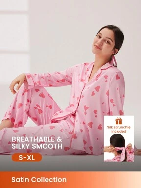 LUVLETTE Women Pink Heart Printed Satin Long Pajama Set Lounge Set Lingerie Free Hair Band Pants With Pockets Bridal Intimates