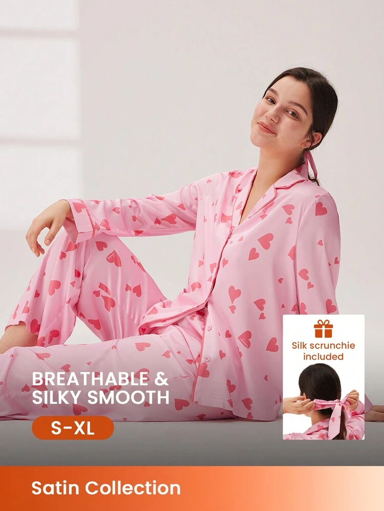 Satin Heart Print Button-Up PJ Set