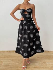 SHEIN Unity 夏季女士花卉印花露肩纽扣镂空性感连衣裙 - 黑色 - 查看 3